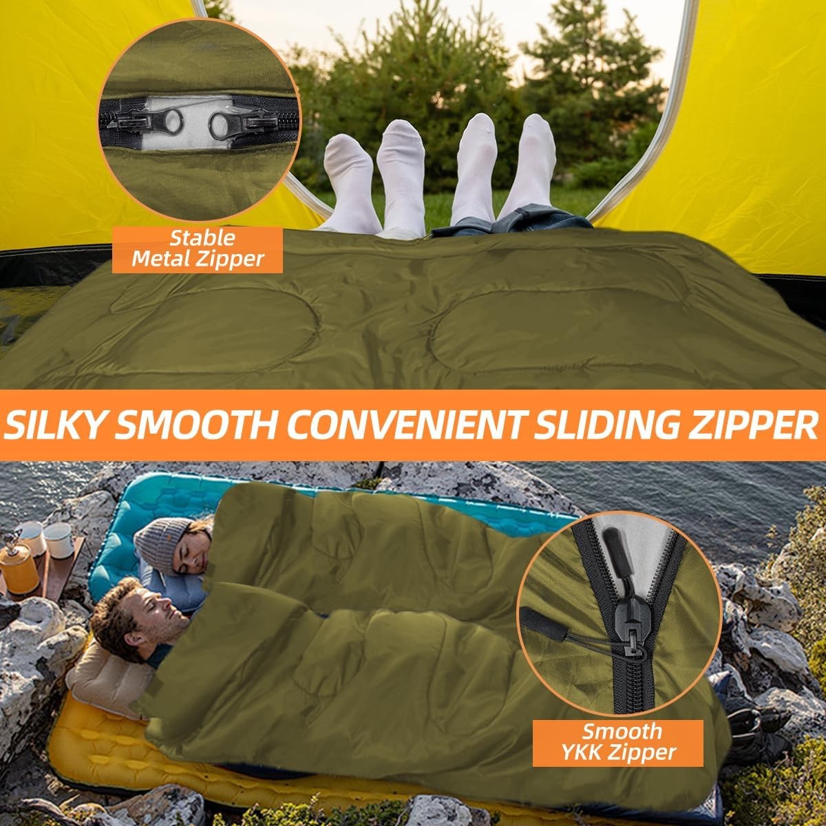 Double Sleeping Bag for Adults Queen Size XL, 2-Person Waterproof Camping Bed with 2 Pillows