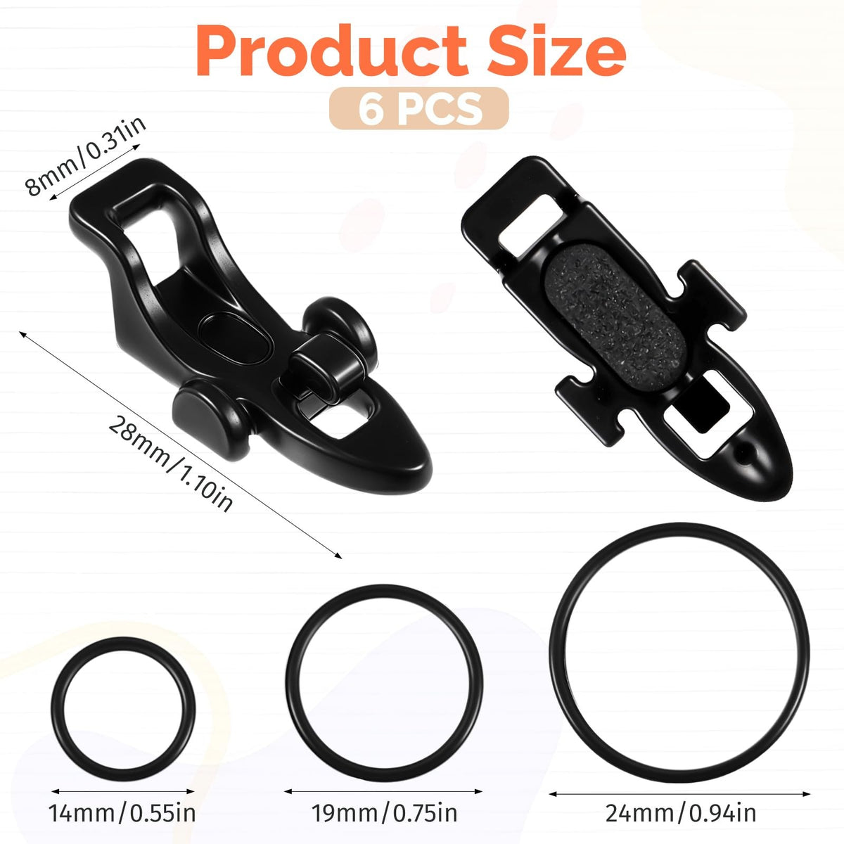 Fishing Hook Keeper Set with 3 Sizes for Rods - 6 Black Plastic & Rubber Holders