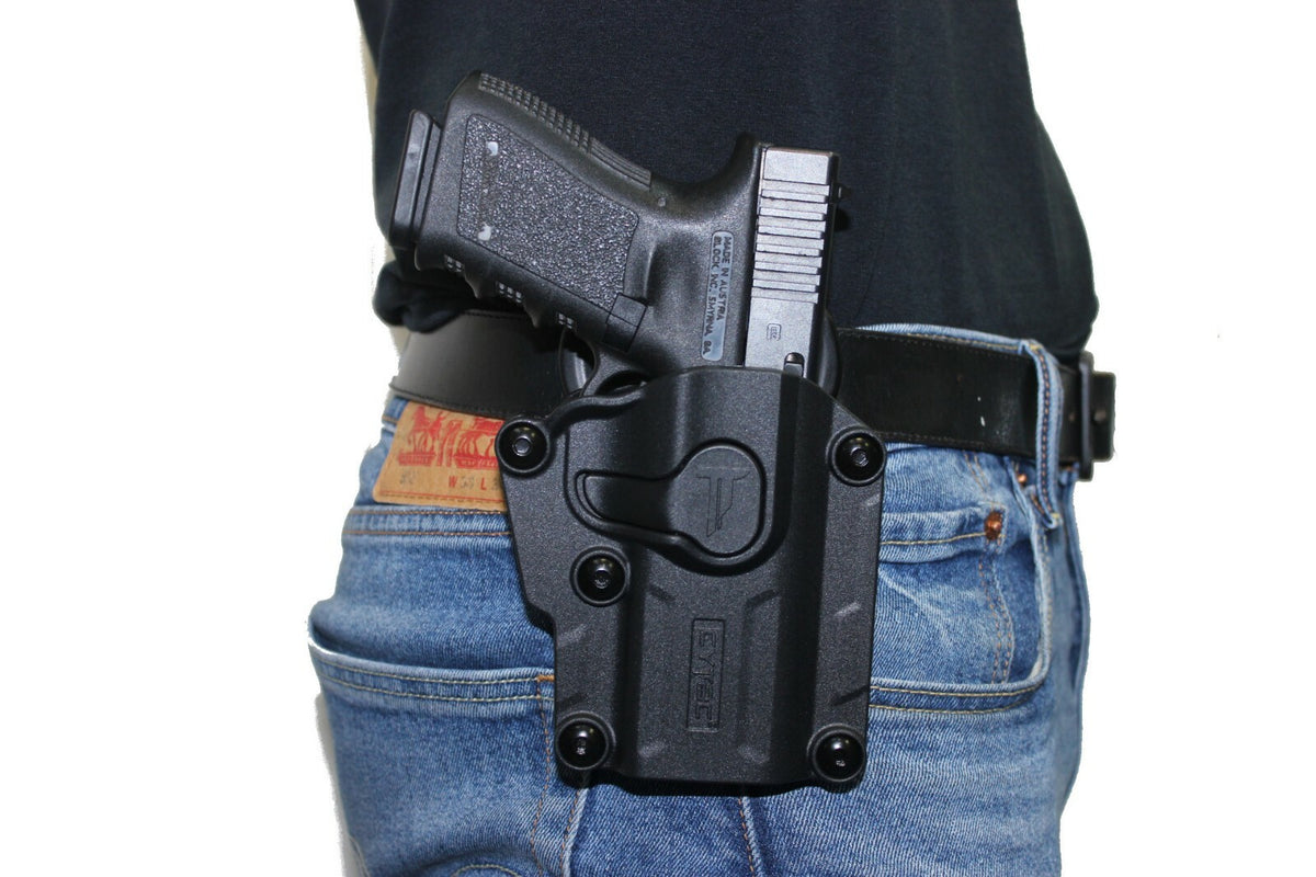 Universal OWB Pistol Holster with Quick Release Button - Fits Most Full-Size & Compact Pistols