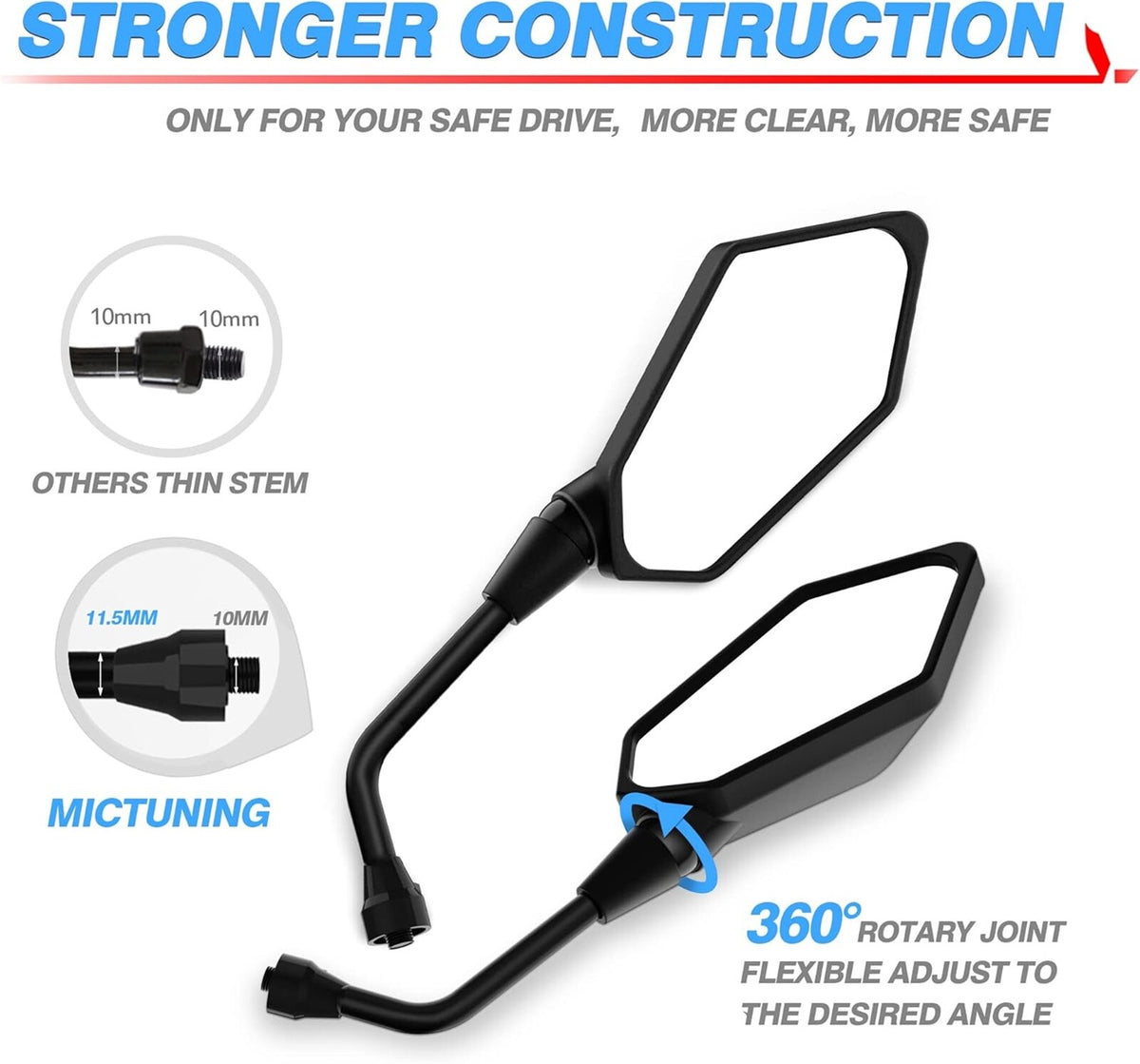 Universal 10mm Motorcycle Side Mirrors Set for ATV Scooter E-Bike Rearview - 2 Pieces