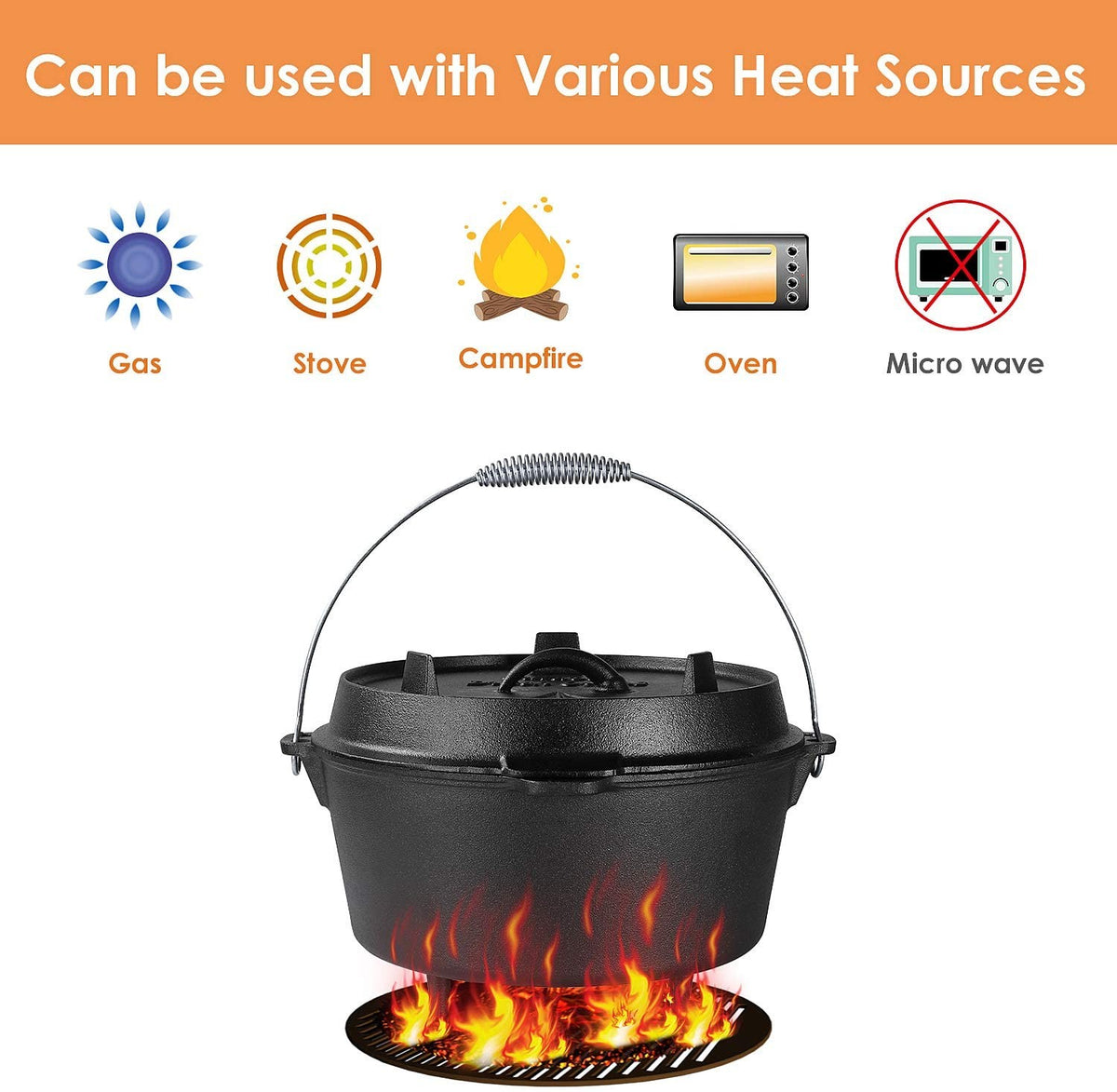 Pre-Seasoned Cast Iron Dutch Oven 9Qt for Camping & Home Cooking