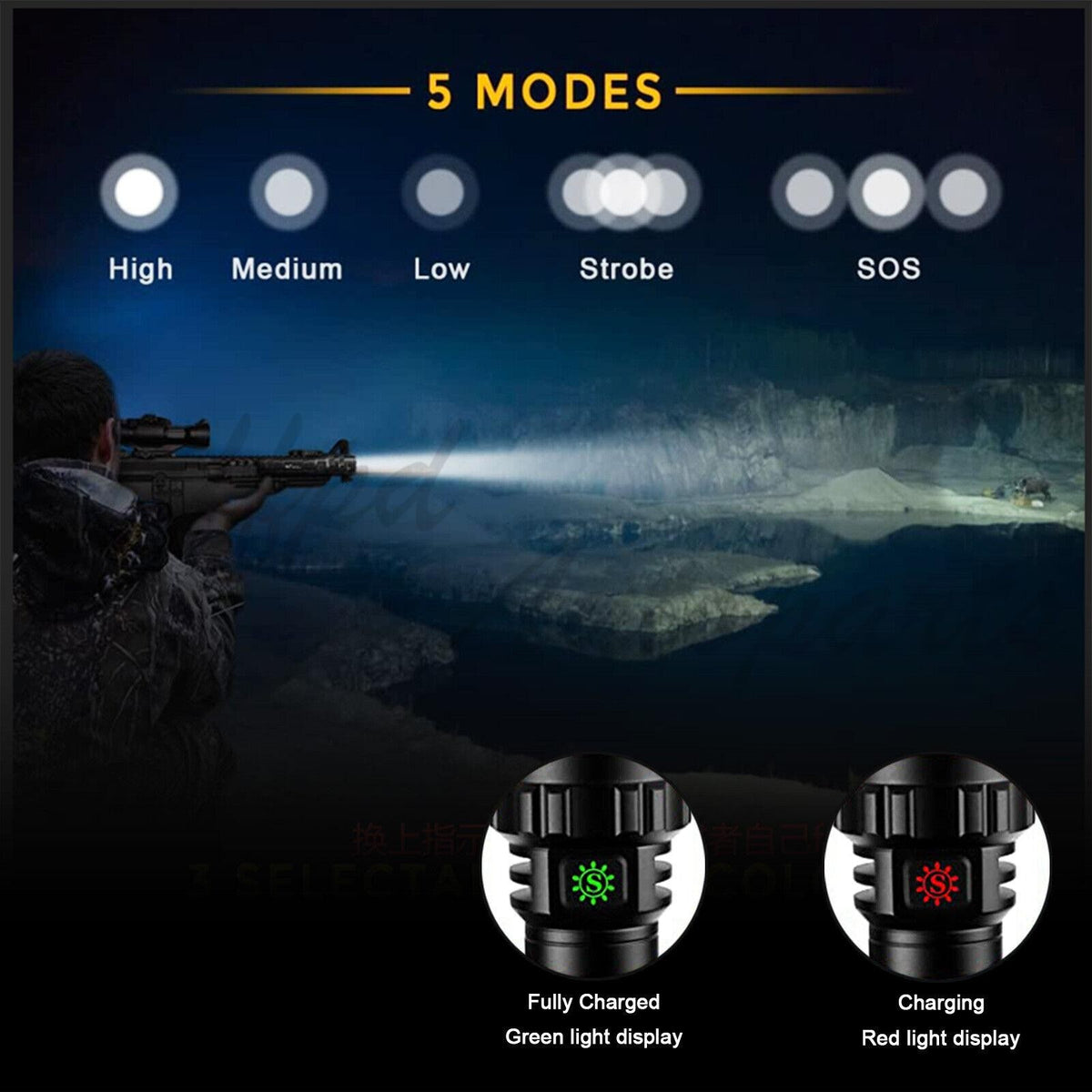 High Power Tactical LED Flashlight with Rechargeable Battery, IP6 Waterproof