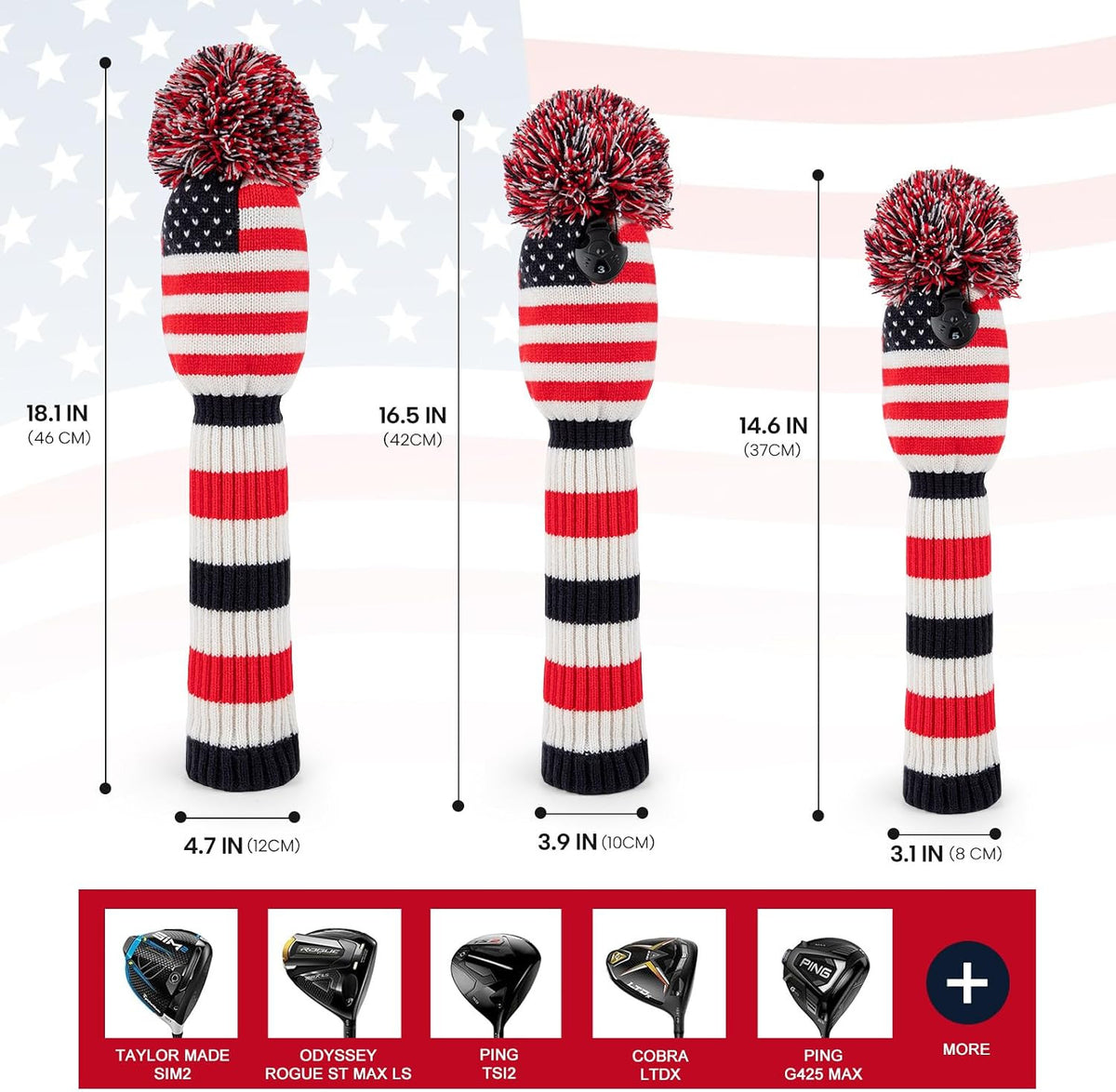 Vintage U.S.A Patriotic Knit Golf Headcover with Pom Pom - Fits Most Drivers & Fairways