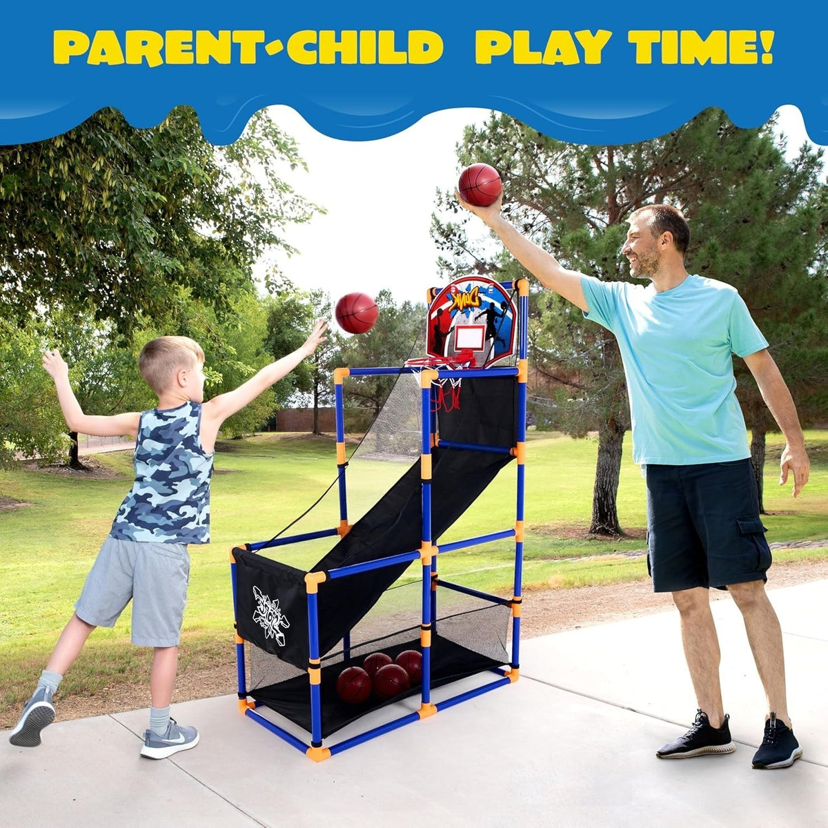 Basketball Arcade Game with 4 Balls and Rim – Adjustable Indoor/Outdoor Play for Ages 3-12