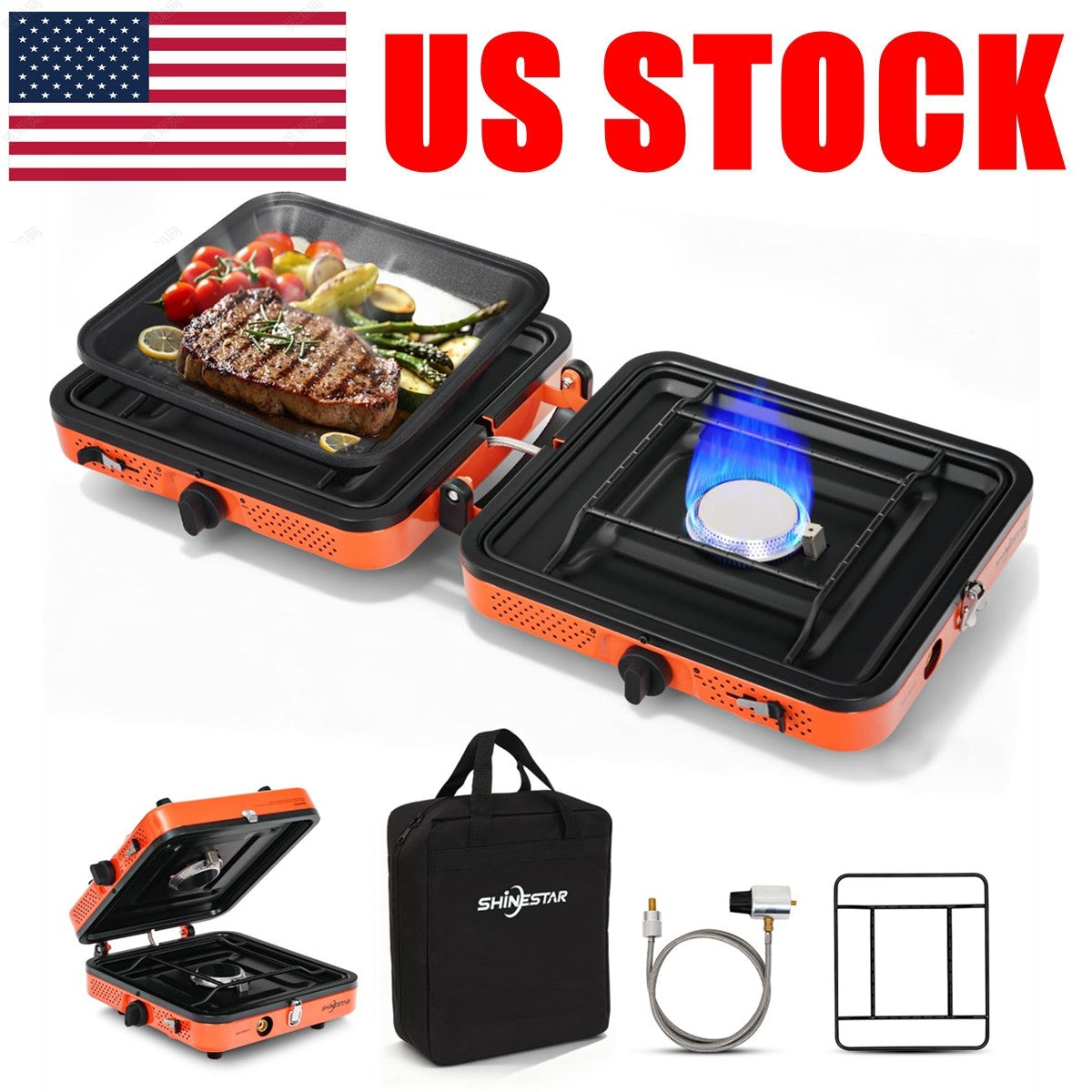 Portable 2 Burner Propane Camping Stove with Windshield, Carrying Case & Hose