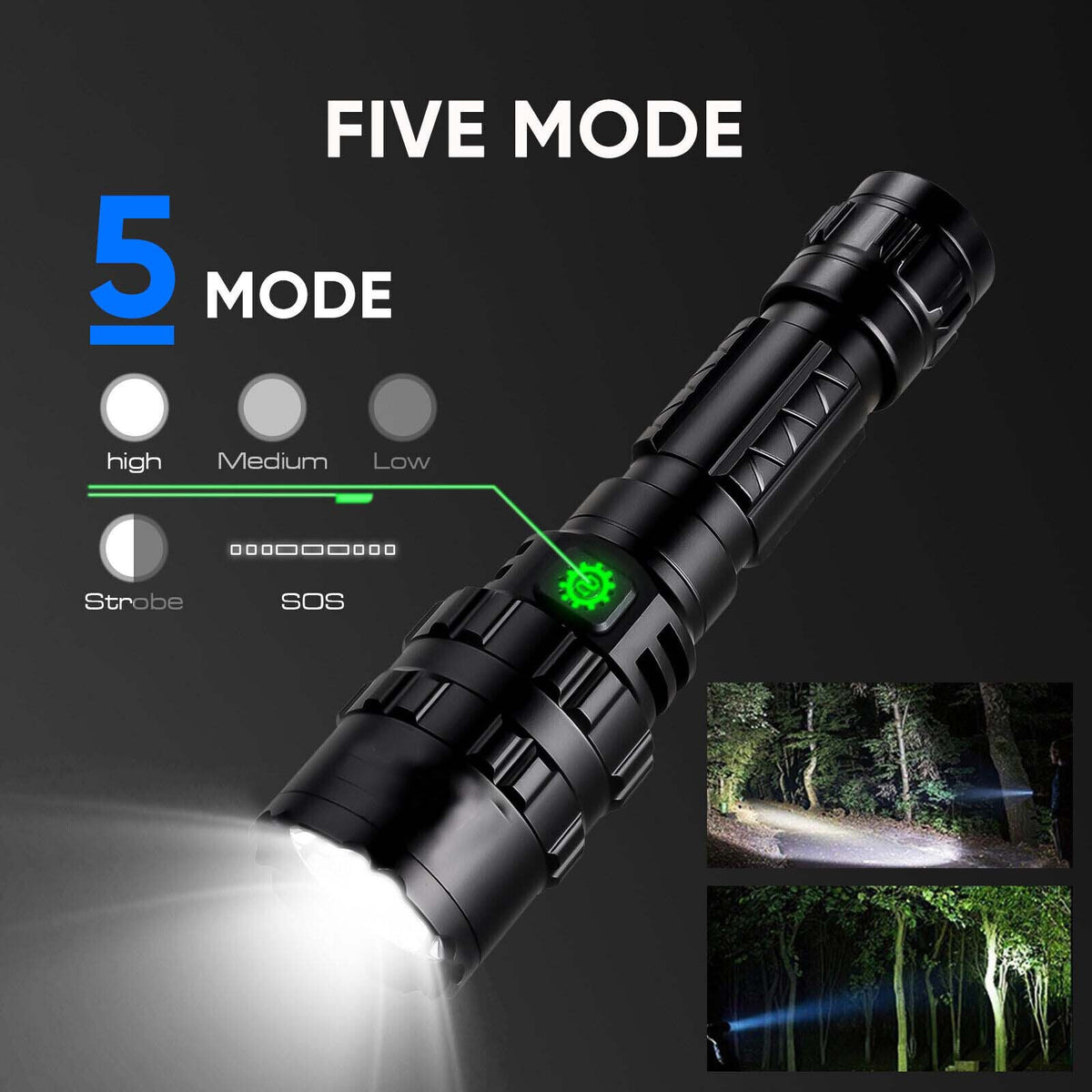 Super Bright Rechargeable Tactical LED Flashlight with 5 Modes Waterproof Portable Torch