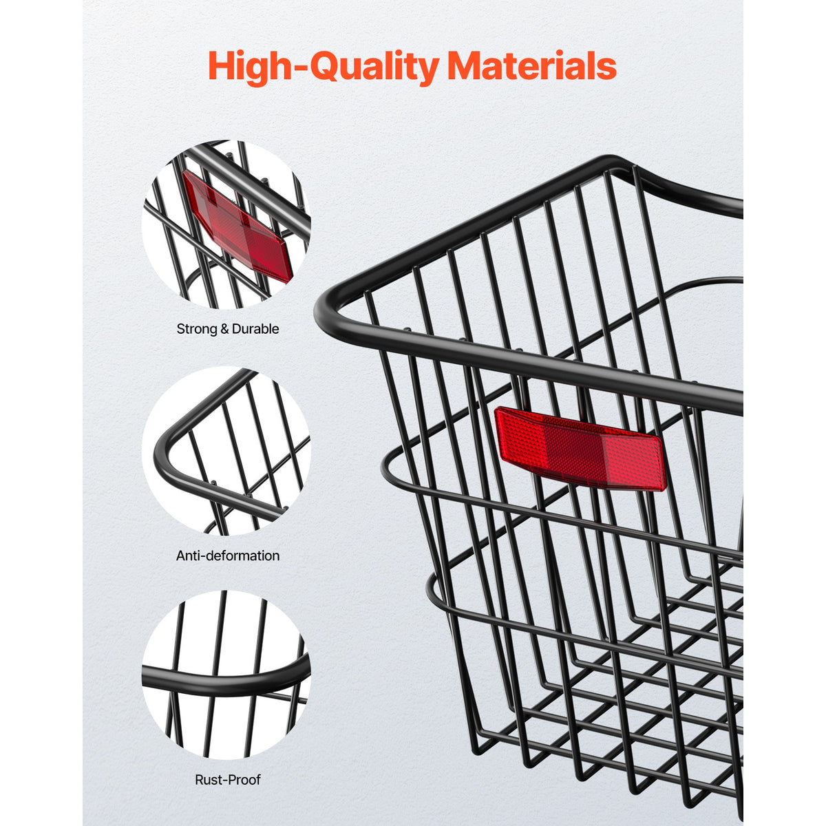 Bike Rear Basket with Reflective Tail Light Cover - Metal Wire Storage