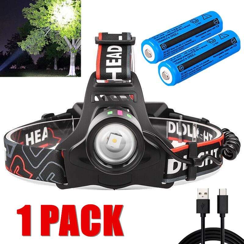 Rechargeable LED Headlamp with Zoomable Focus, Waterproof, 90° Swivel, USB-C