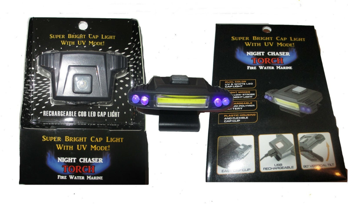 Rechargeable COB LED Cap Light with UV Black Light for Fishing, Waterproof & Adjustable