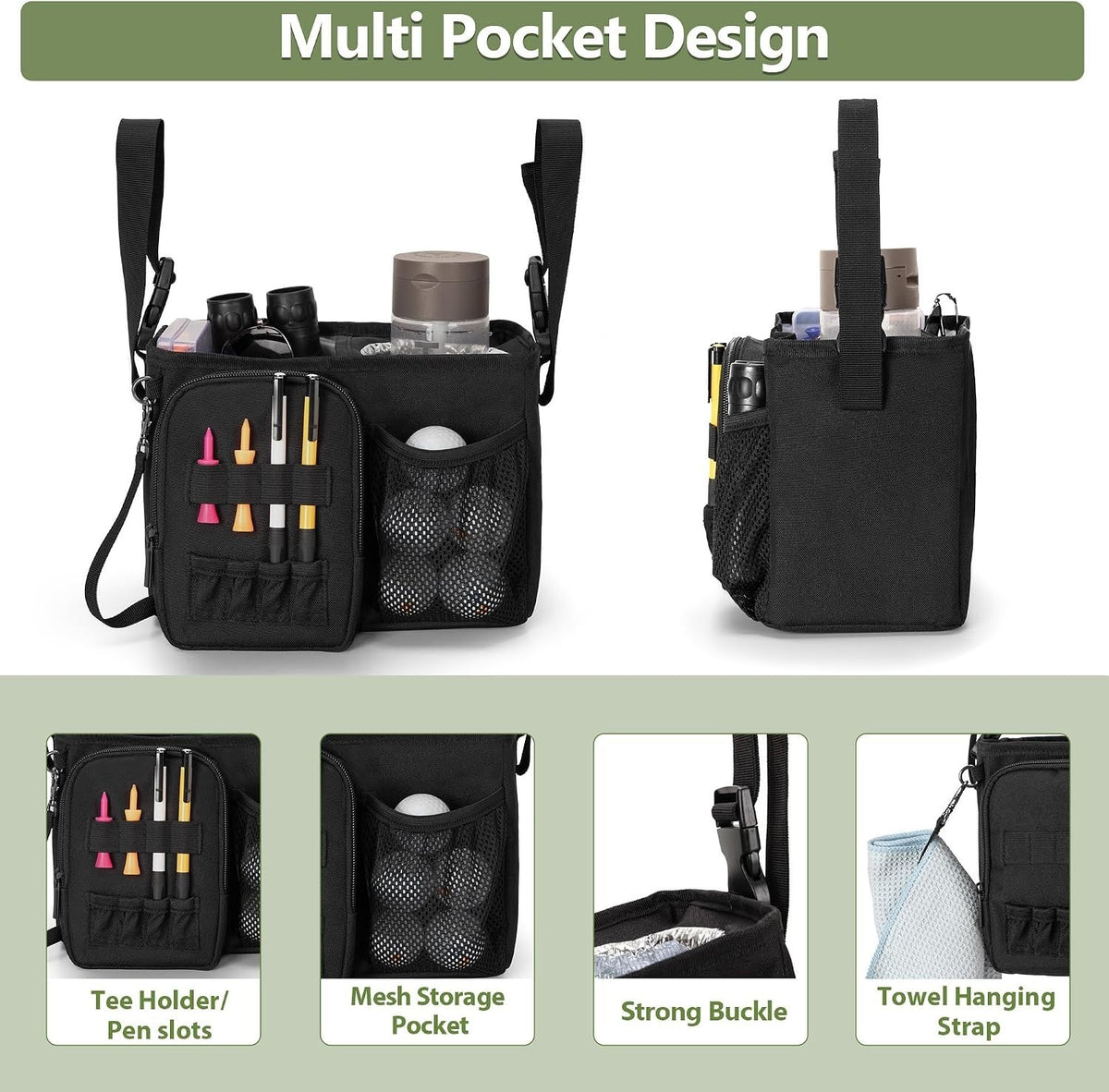 Golf Push Cart Organizer with Insulated Cup Holder & Storage Pockets