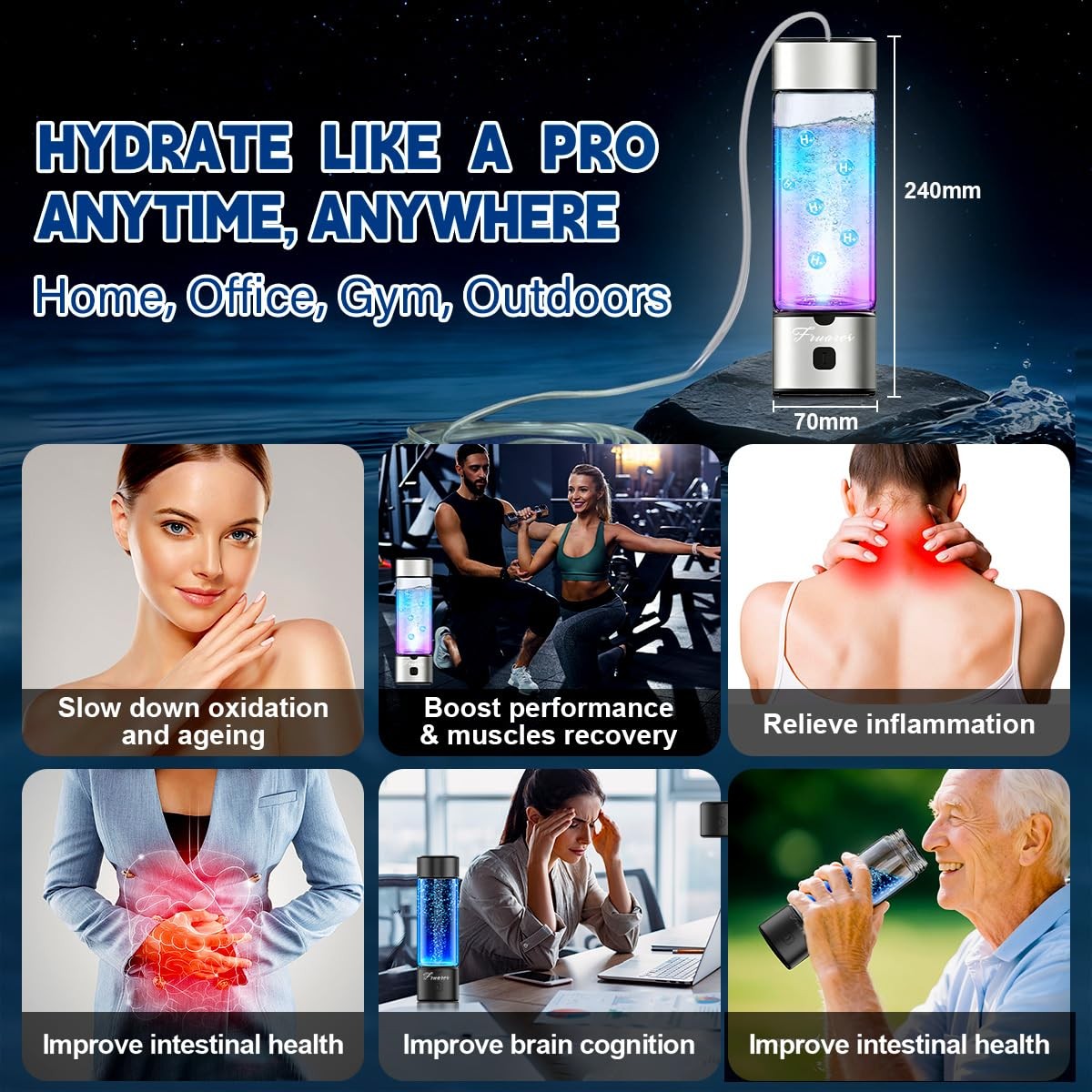 Hydrogen Water Bottle Generator - Portable 6000 PPB Hydrogen Machine, 460mL