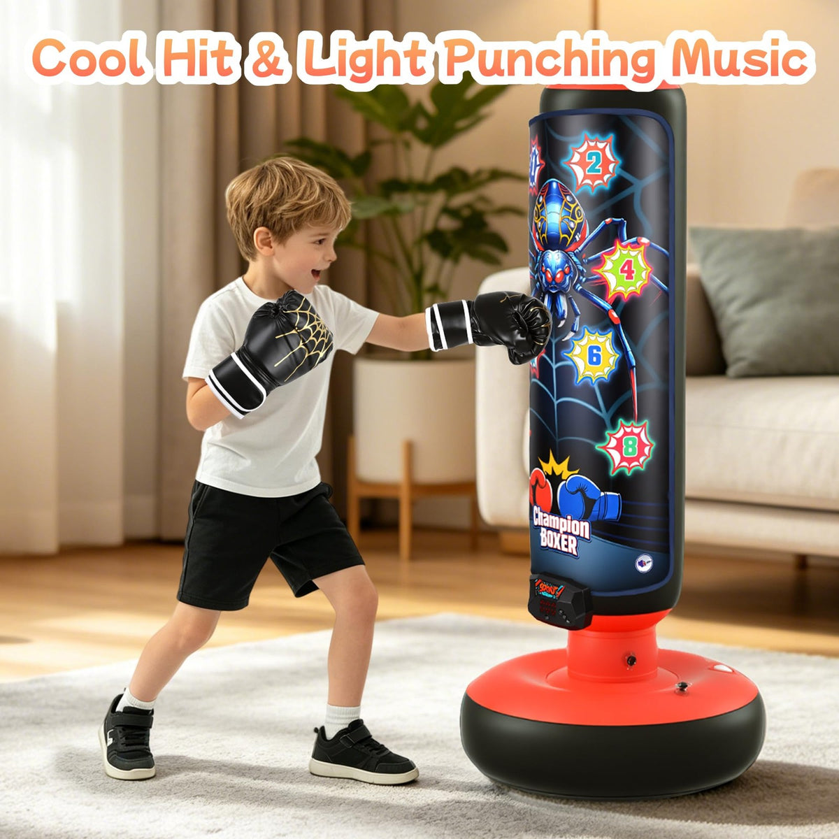 Inflatable Electronic Boxing Bag Set with LED Lights & Gloves for Kids Ages 3-12