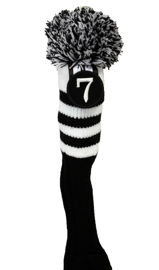 Golf Fairway Wood Head Cover #7 Black Knit Pom Pom Long Neck