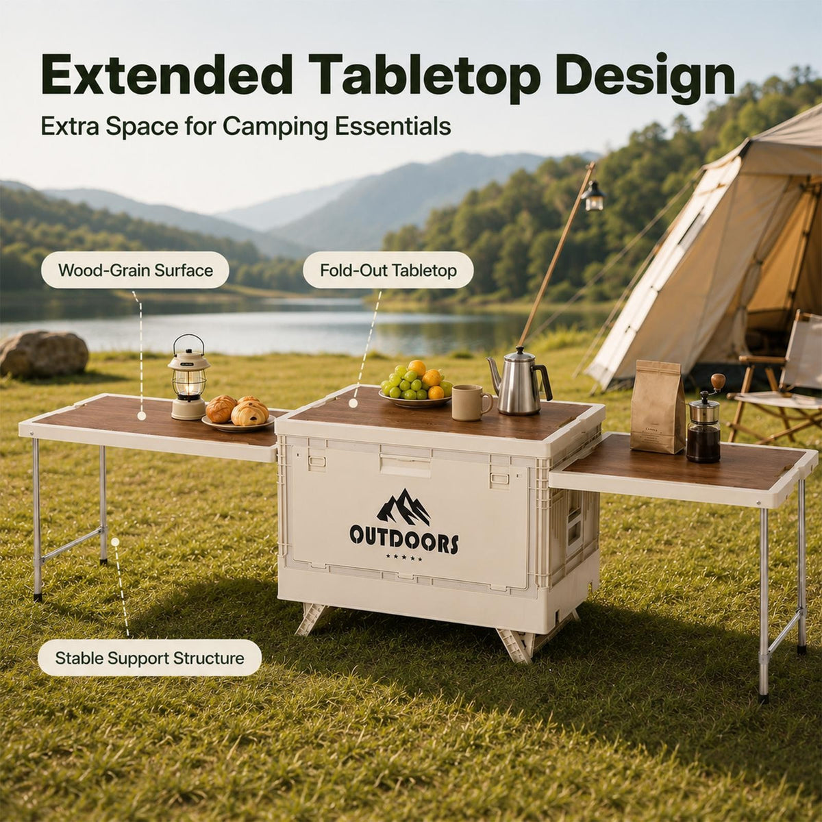 All-in-One Camping Kitchen Storage and Prep Table - Portable Folding Design