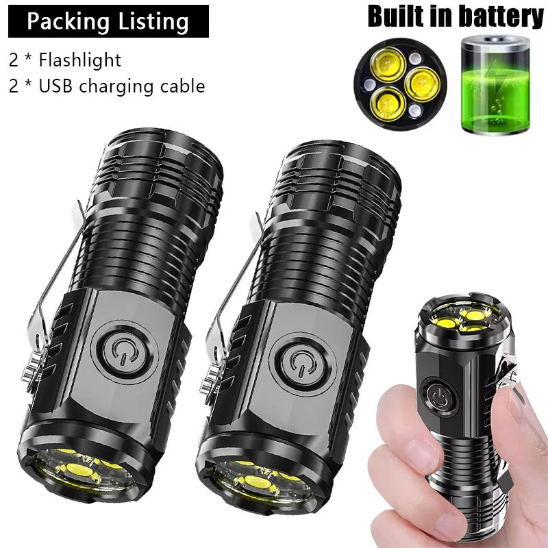 Mini Triple-Eyed Waterproof LED Flashlight - Rechargeable, Portable, Outdoor Use
