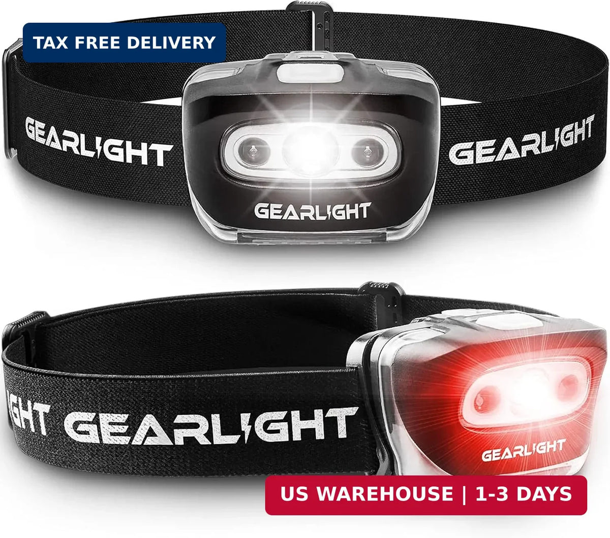 LED Headlamp 2-Pack Battery Powered with Red Light, Adjustable Tilt, Waterproof