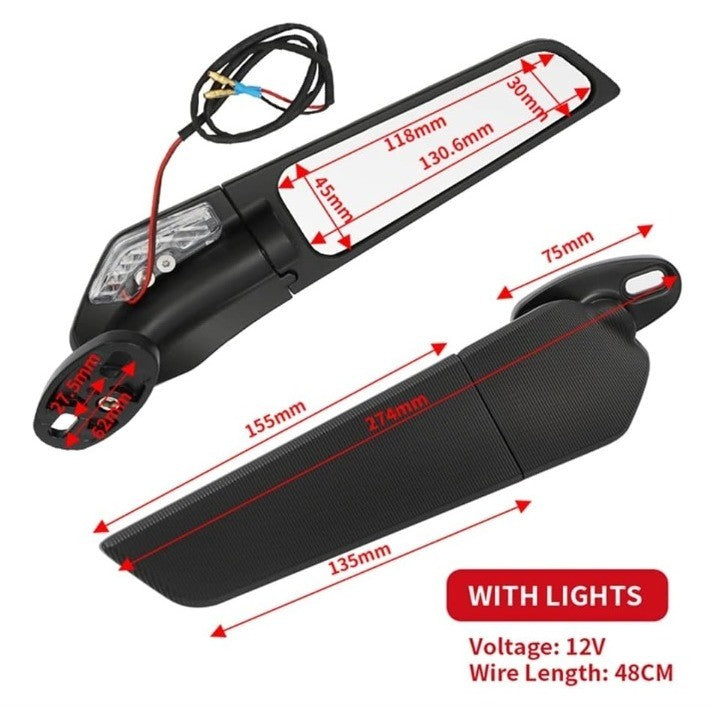 Motorcycle Winglet Mirrors with LED Turn Signals Matte Black Adjustable Pair