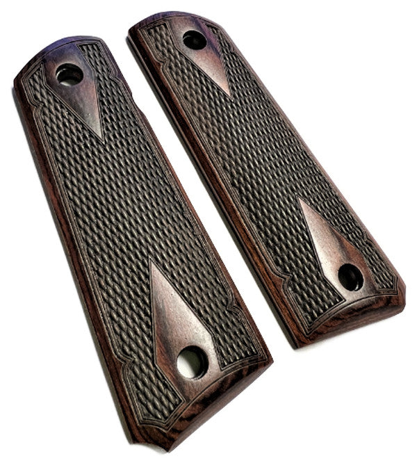 Full Size 1911 Checkered Rosewood Grips with Gold Screws - Fits Colt Kimber