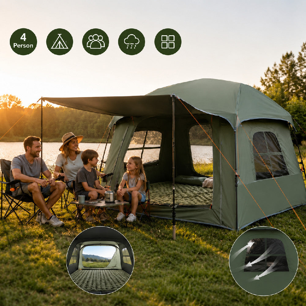 6-Person Camping Tent with Rainfly Mesh Windows Large Door Ground Stakes