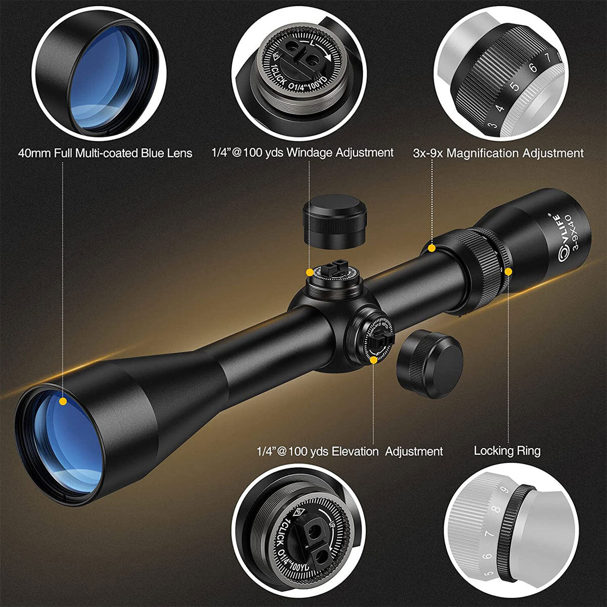 3-9X40mm with Mil Dot Crosshair, 1-Inch Mount, Hunting Optics