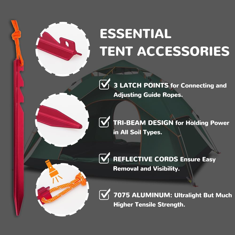 Ultralight Aluminum Tent Stakes 15 Pack with Reflective Cord & Y-Beam Design