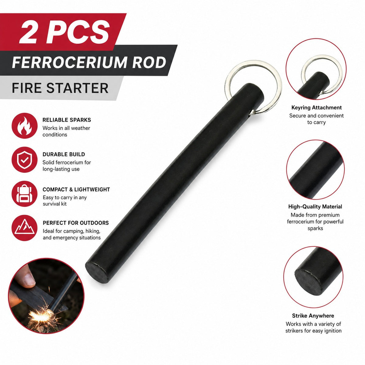 Large Ferrocerium Fire Starter Rods - Camping & Survival Fire Igniters