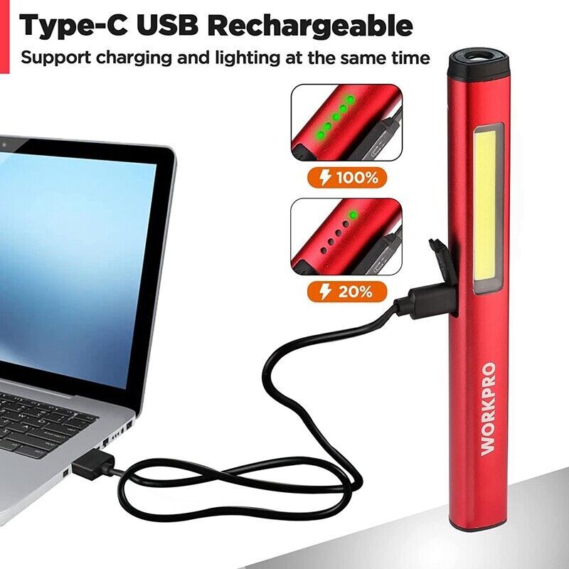 Rechargeable LED Flashlight Penlight with COB Spotlight UV Light Portable