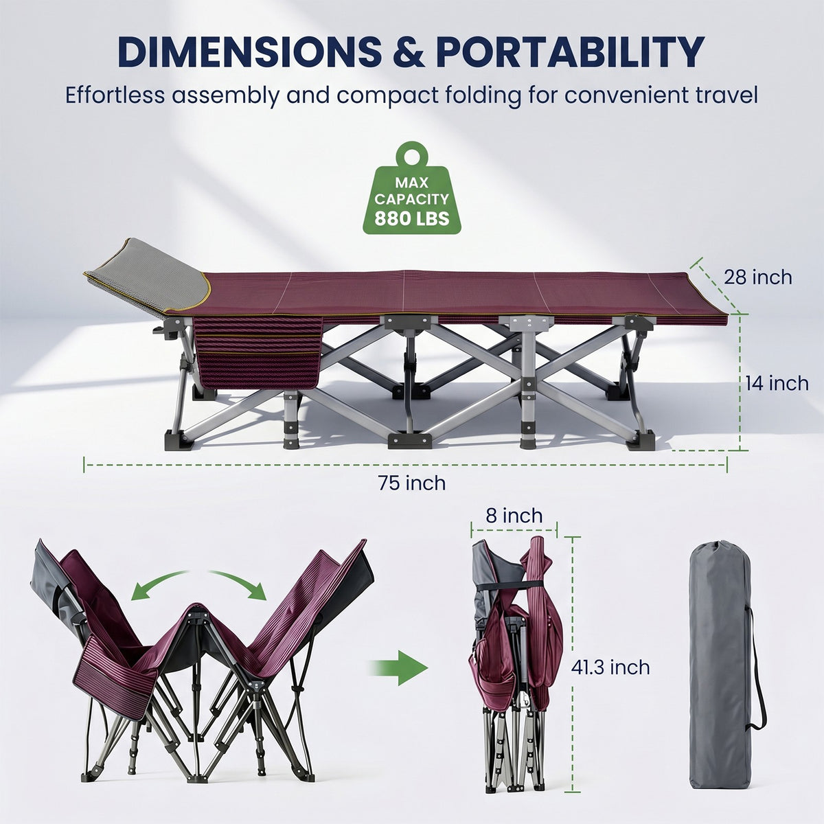 Heavy-Duty Camping Cot for Adults with Foldable Mattress and Adjustable Backrest