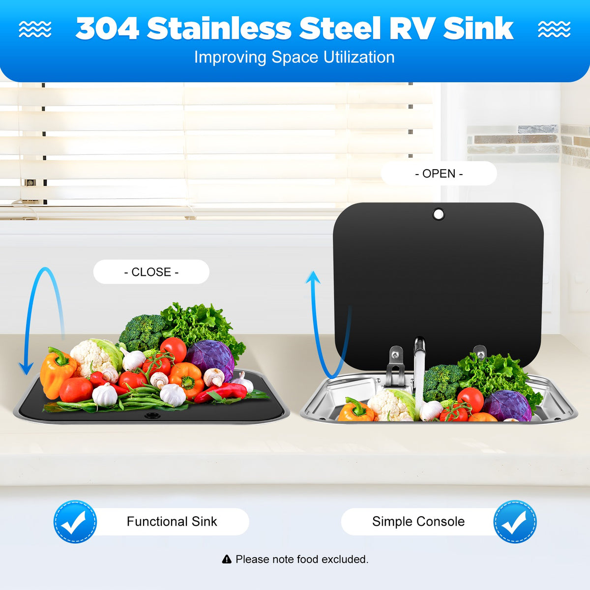RV Caravan Stainless Steel Hand Wash Basin with Lid and Faucet