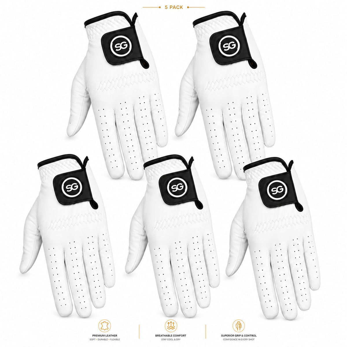 Premium Men’s Full Cabretta Leather Golf Gloves Pack of 5 - Breathable & Durable