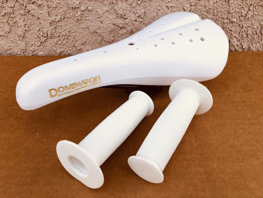 Old School BMX White Saddle with Mushroom Grips - Viscount Dominator Seat