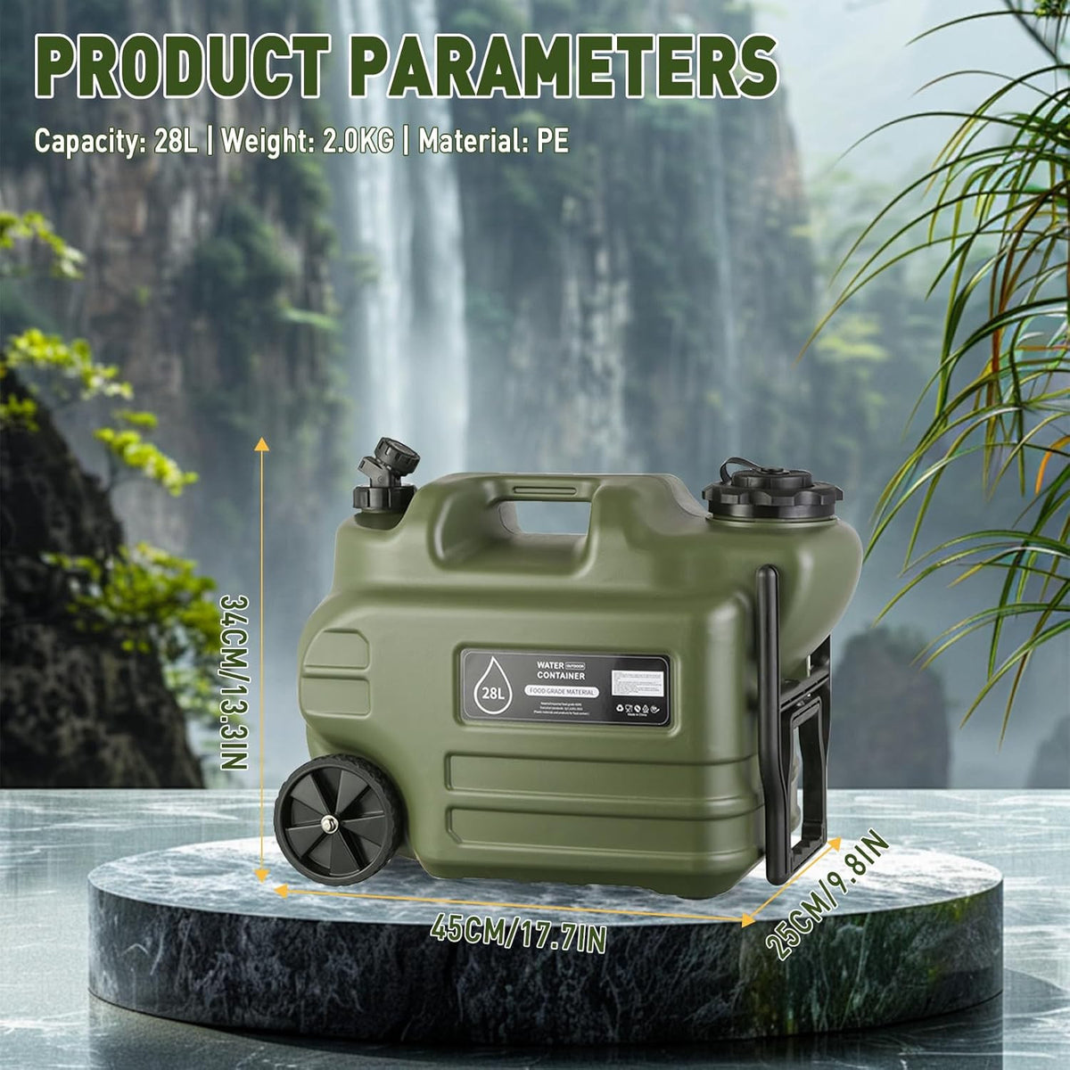 Emergency Water Storage Container with Spigot 7.4 Gallon BPA Free Camping Jug