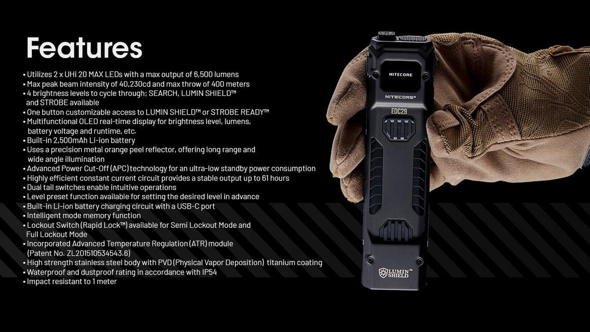 Nitecore EDC29 6500 Lumen Rechargeable Slim LED Flashlight with USB-C Charger