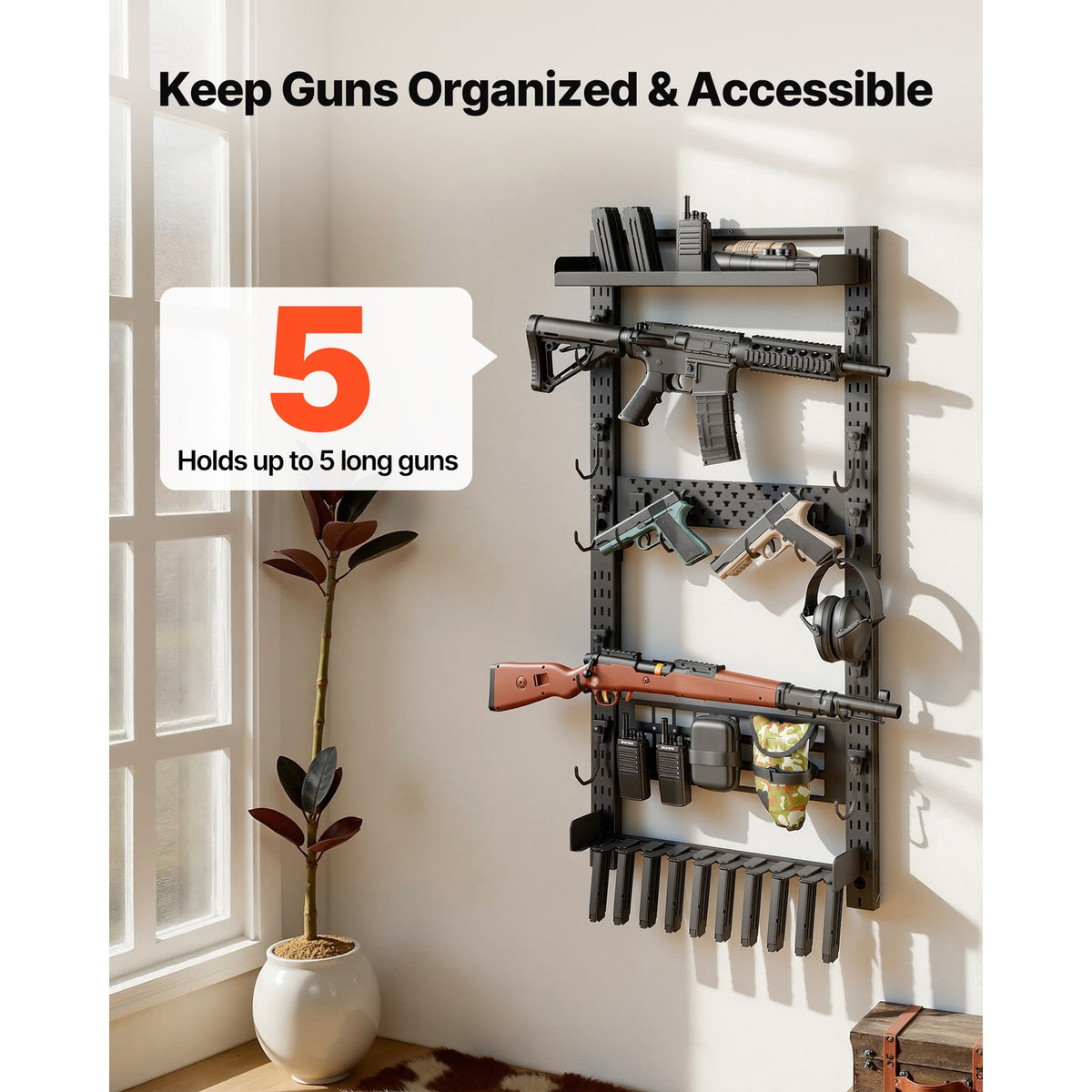 Wall Mount Gun Rack for Rifles and Shotguns – 5 Long Firearms Storage Organizer