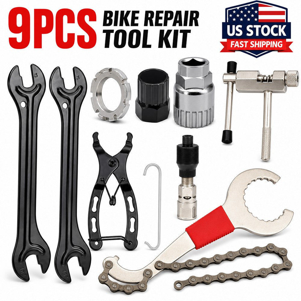 9-Piece Bicycle Repair Tool Kit with Chain Breaker and Cassette Wrench