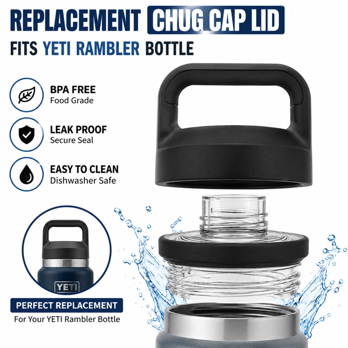 Reusable Water Bottle Chug Cap Lid - Fits 18oz to 64oz Bottles, Leak-Resistant, Dishwasher Safe