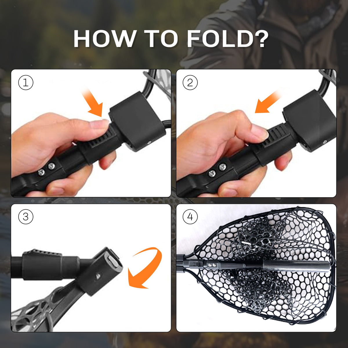 Folding Fishing Landing Net with Rubber Mesh and Aluminum Frame