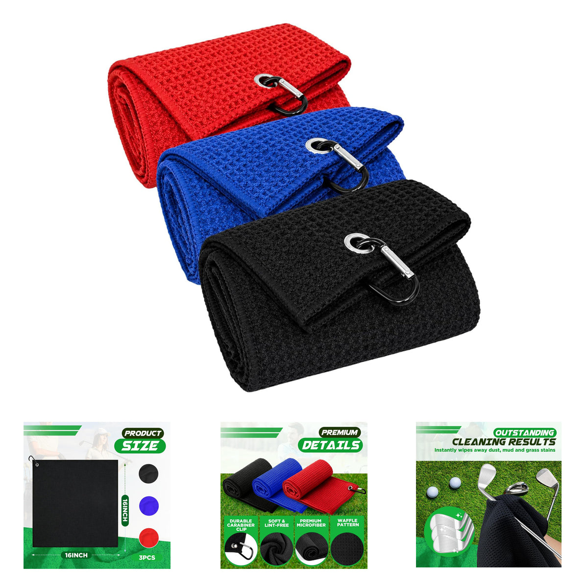 Microfiber Golf Towels 3 Pack 16x16 Inch Waffle Pattern for Club & Ball Cleaning