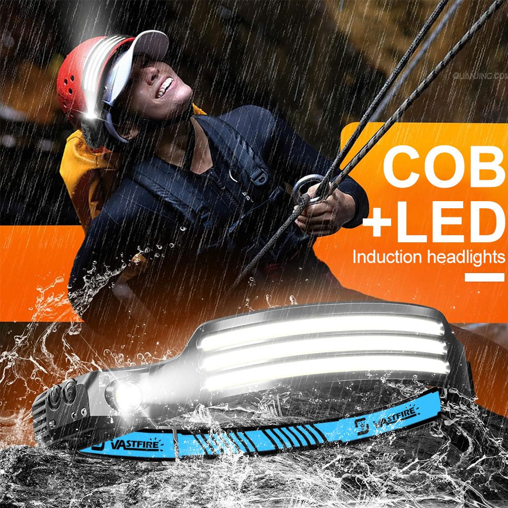 Rechargeable LED Headlamp with COB & Sensor Control - Waterproof Work Light