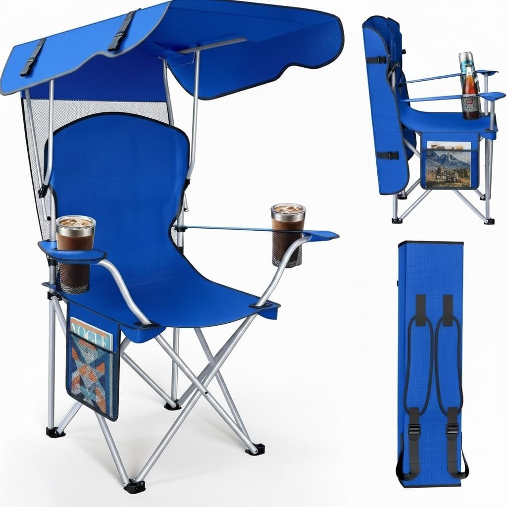 Portable Folding Camping Chair with Canopy and Sun Shade for Outdoor Use