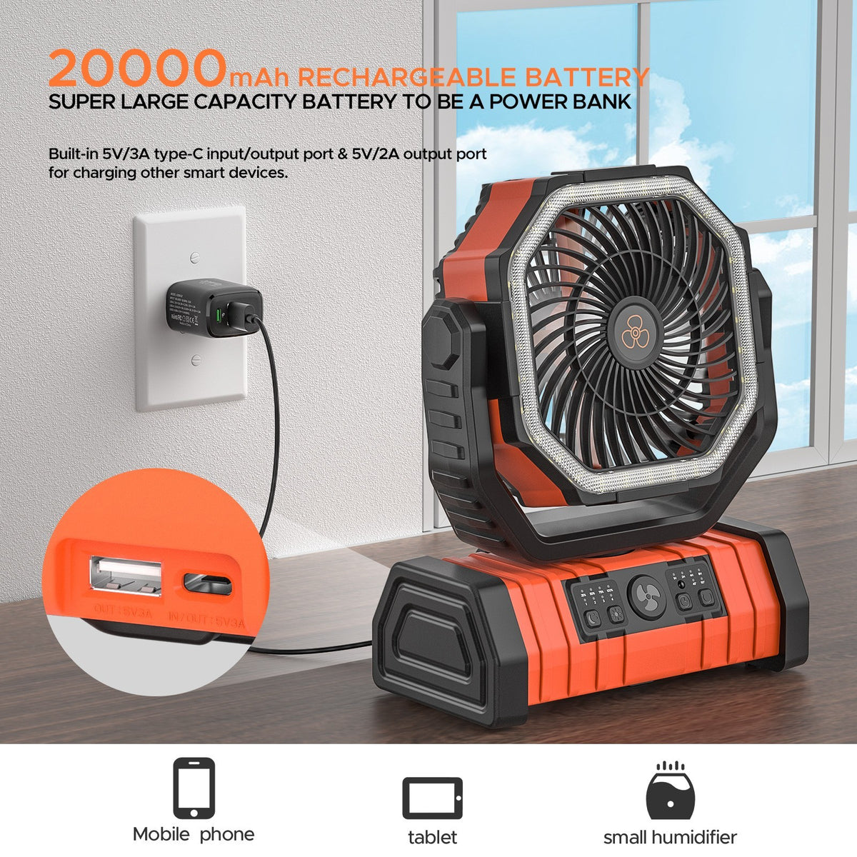 Portable Camping Fan with LED Light, 4 Speeds, 72H Battery, Oscillation