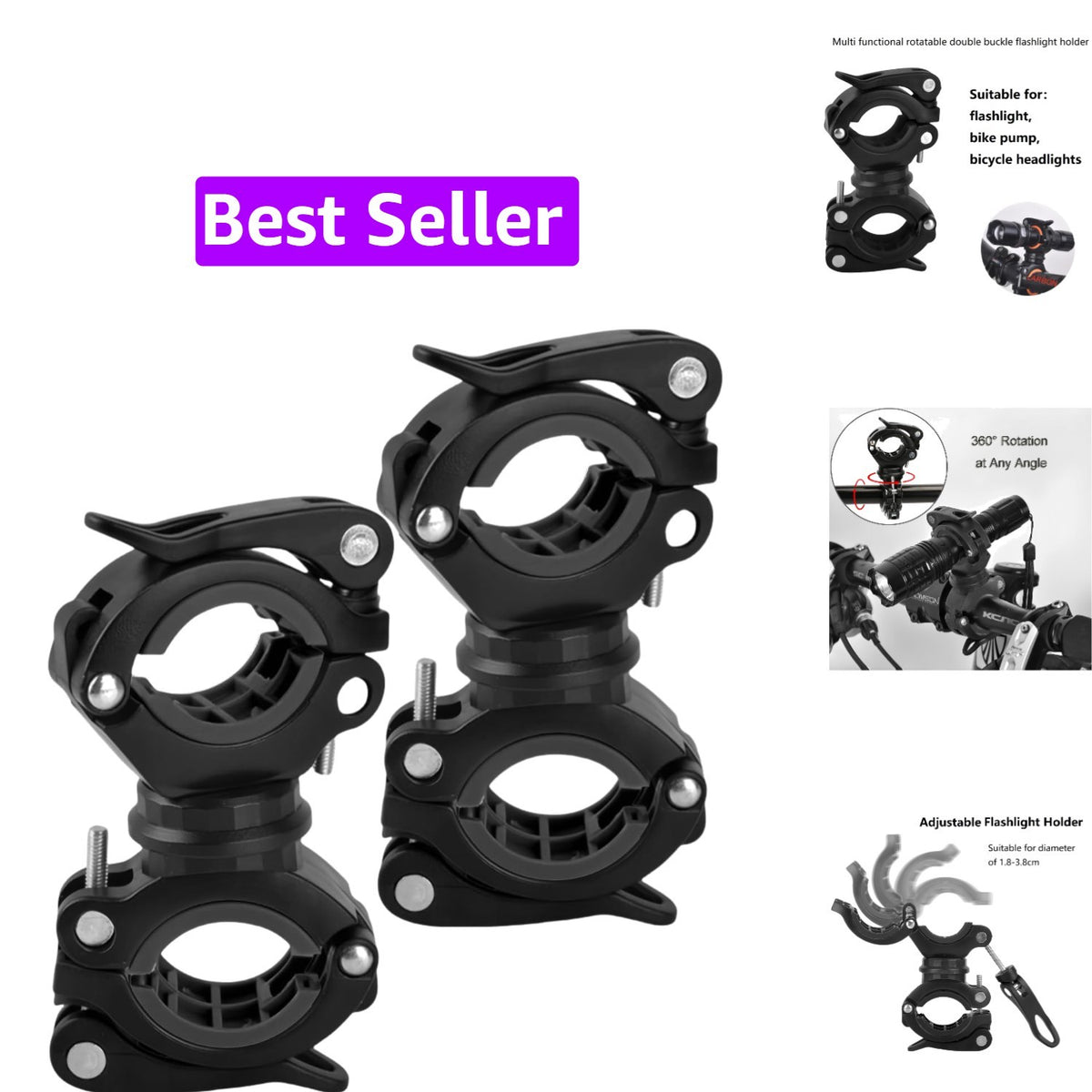 Bicycle Flashlight Mount Holder with Rubber Clamp - 2 Pack