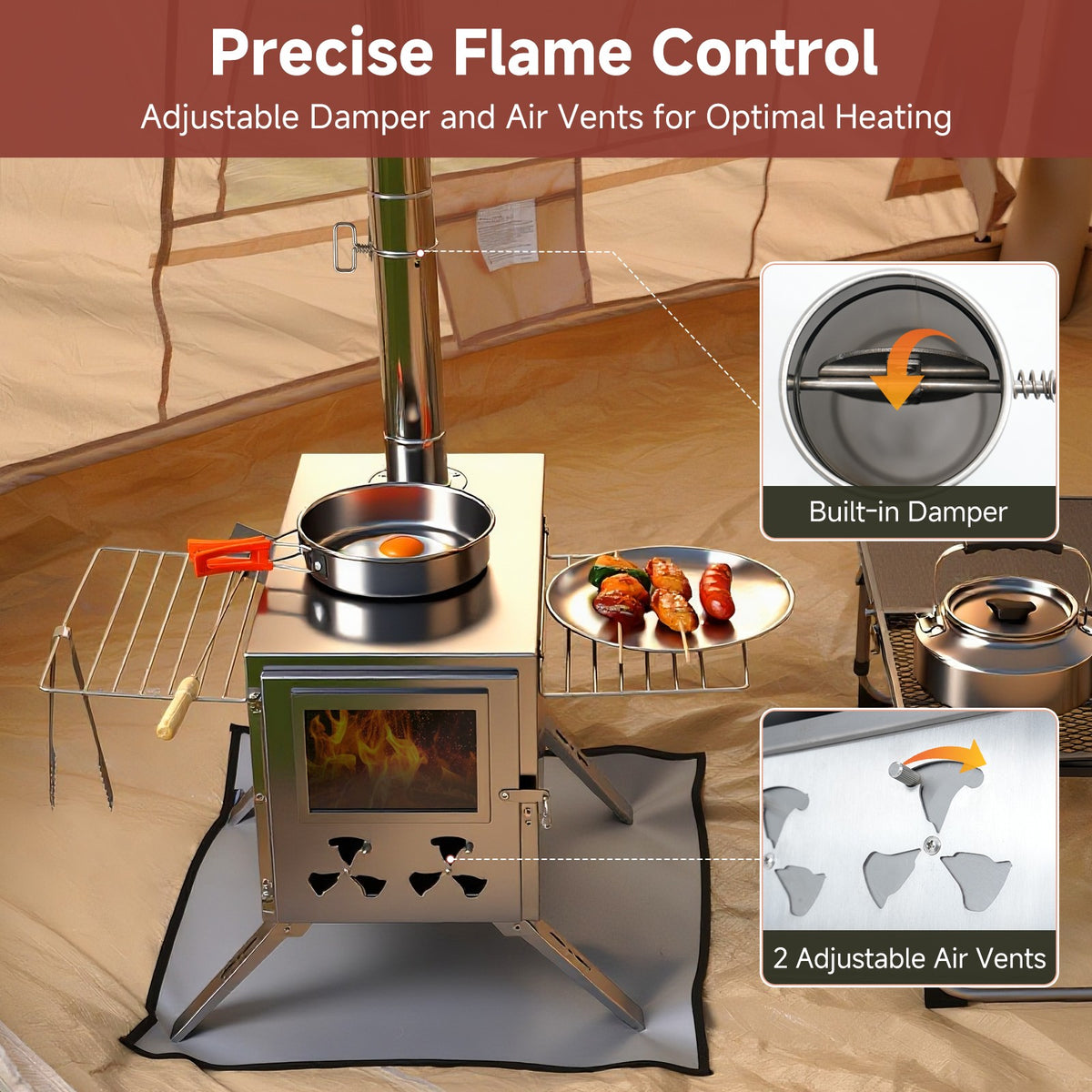 Portable Stainless Steel Tent Stove for Camping, Wood Burning & Heating