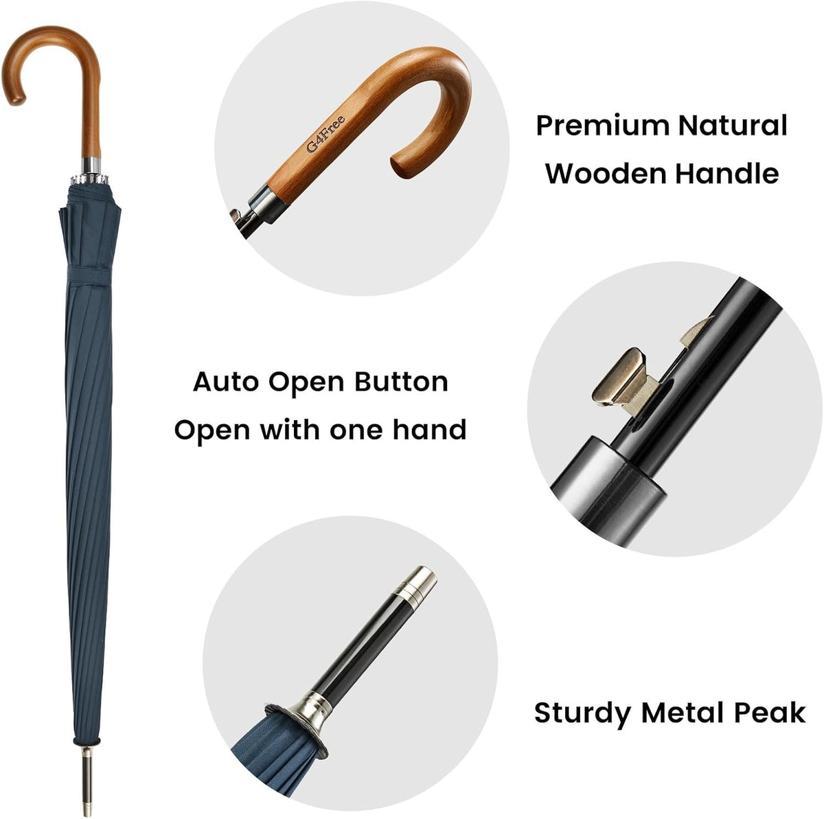 Large Windproof Umbrella 54 Inch with Wooden J Handle and Auto Open
