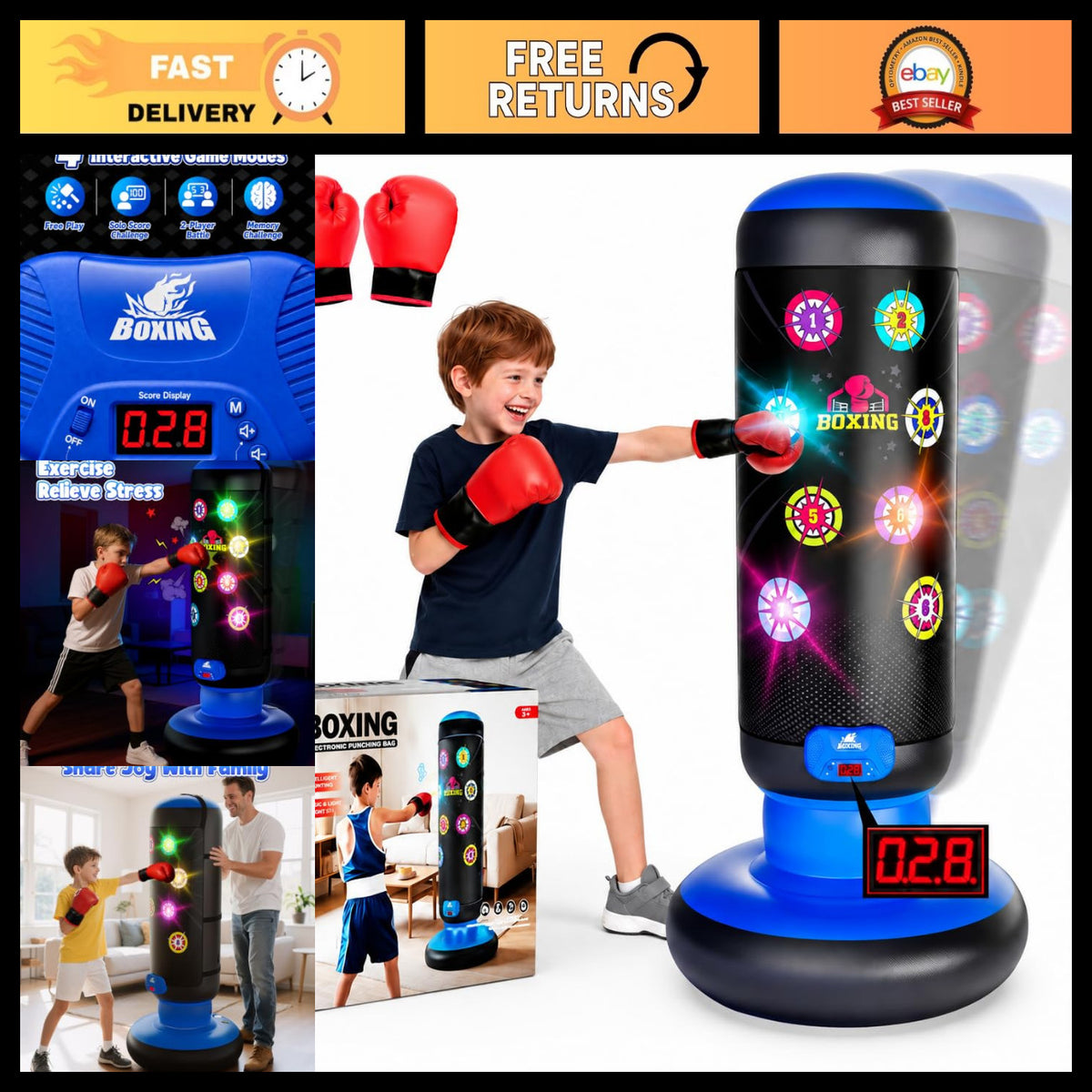 Kids Punching Bag Set with Lights Music & Scoring Boxing Gear for Active Play