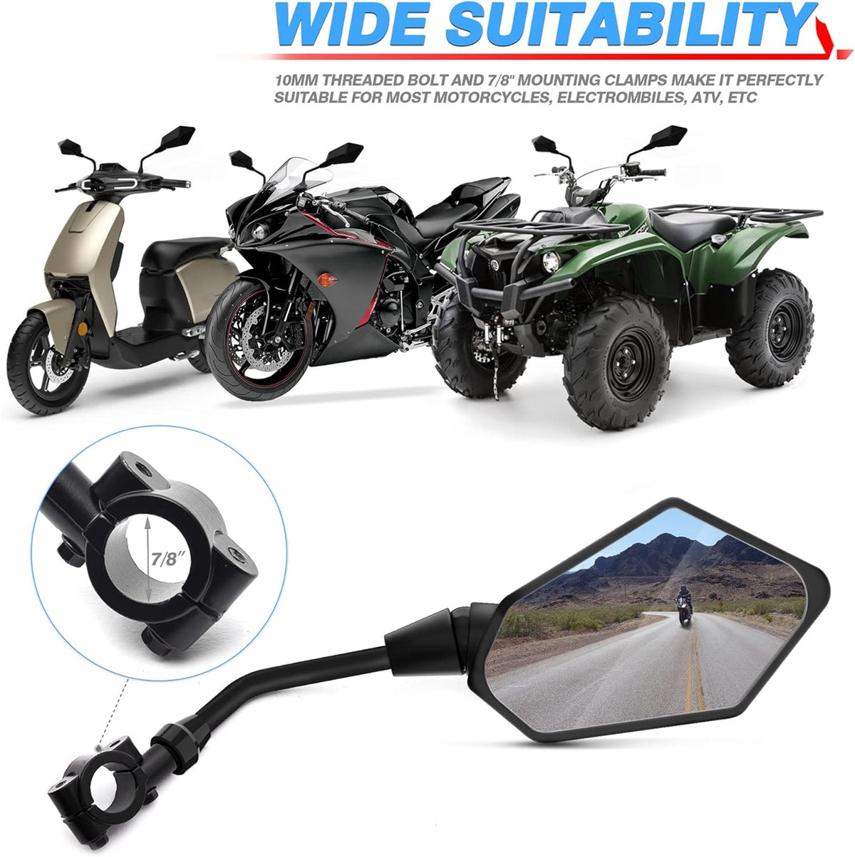 Universal 10mm Motorcycle Side Mirrors Set for ATV Scooter E-Bike Rearview - 2 Pieces
