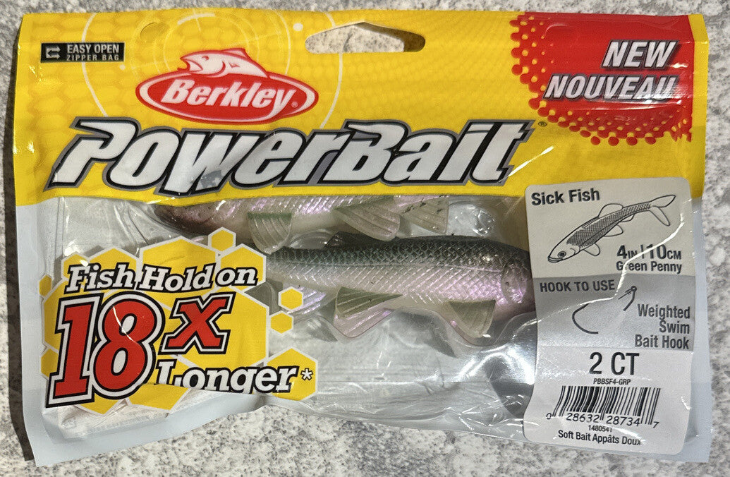 Powerbait Sick Fish 4-Inch Green Penny Fishing Lure - Trout & Bass Bait