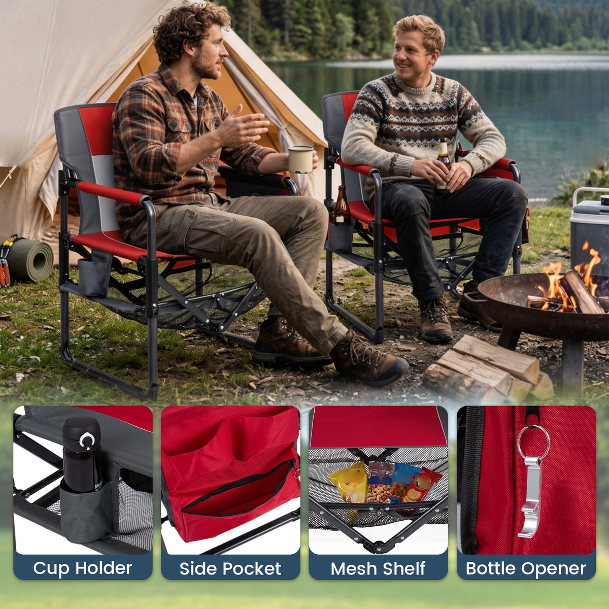 Heavy Duty Camping Chair with Cup Holder & Side Pocket for Adults