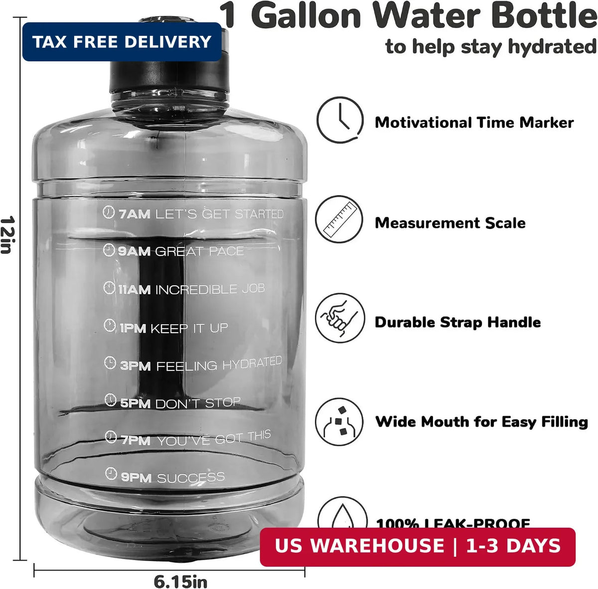 1 Gallon Water Bottle with Motivational Time Marker & Handle - Leakproof Sport Jug