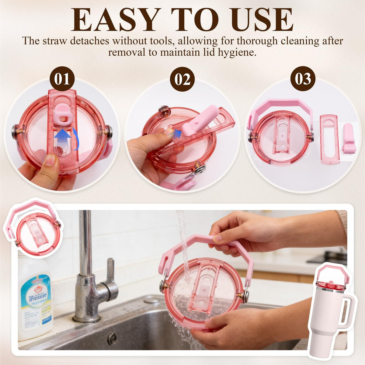 Leakproof Flip Straw Lid with Handle for 40oz Stanley Quencher Pink